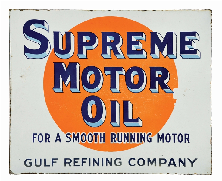 GULF SUPREME MOTOR OIL PORCELAIN SERVICE STATION FLANGE SIGN.
