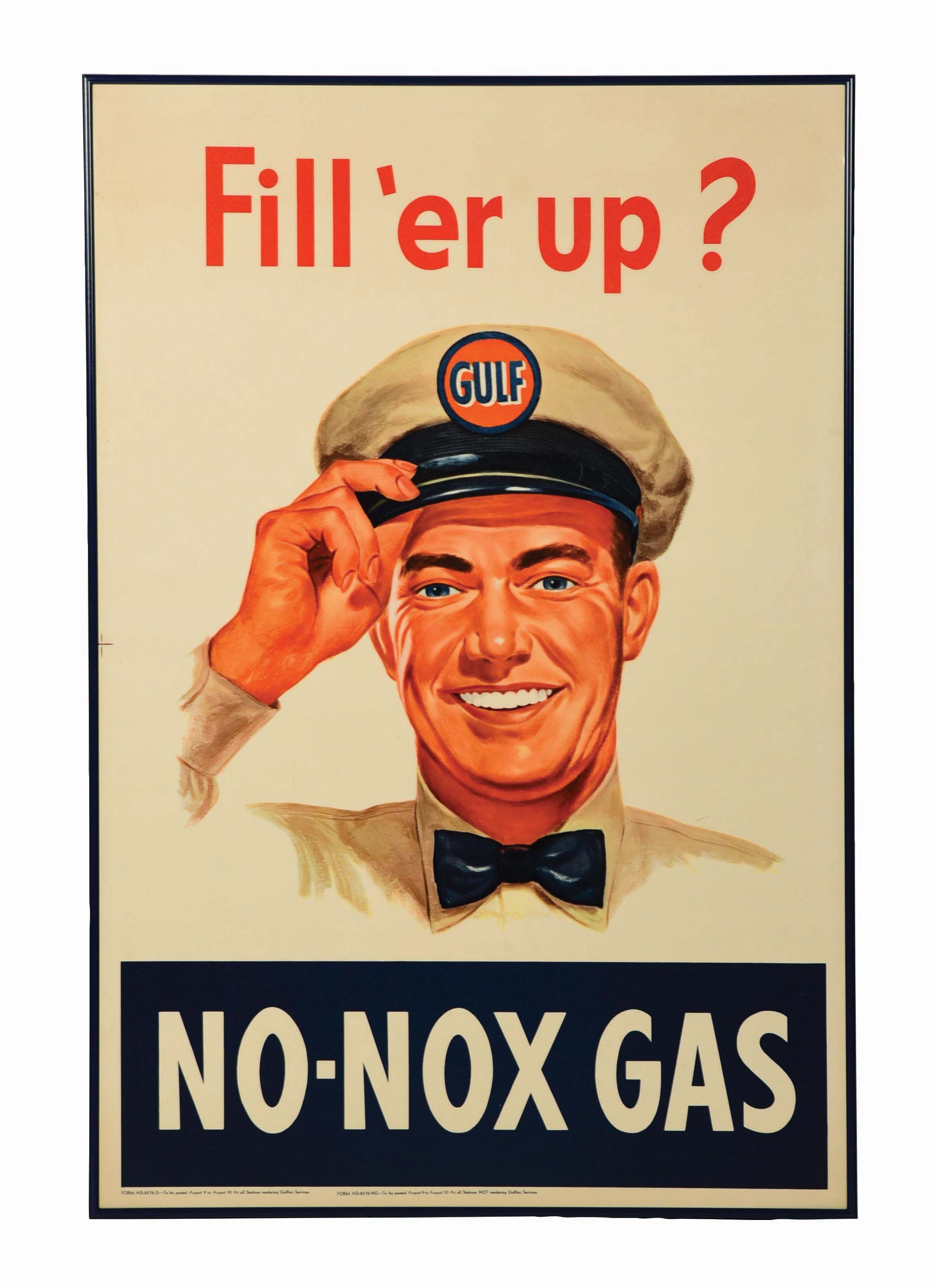 Lot Detail - GULF NO NOX GASOLINE FRAMED POSTER W/ SERVICE STATION ...