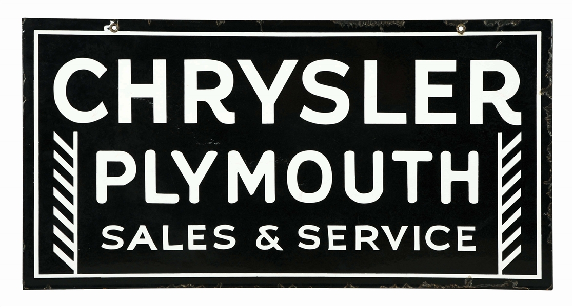 CHRYSLER PLYMOUTH SALES AND SERVICE PORCELAIN DEALERSHIP SIGN.