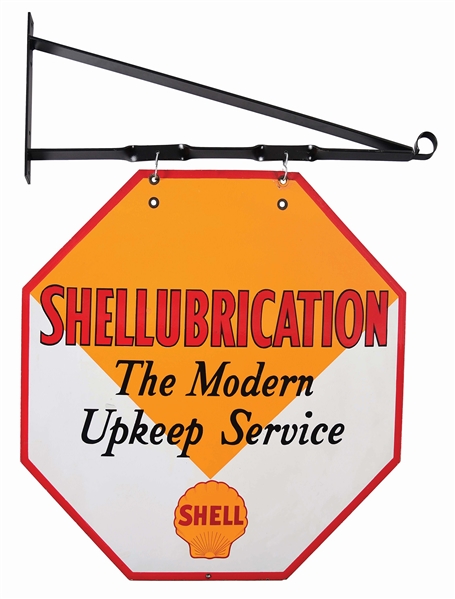 RARE SHELLUBRICATION PORCELAIN SERVICE STATION SIGN W/ METAL HANGING BRACKET. 