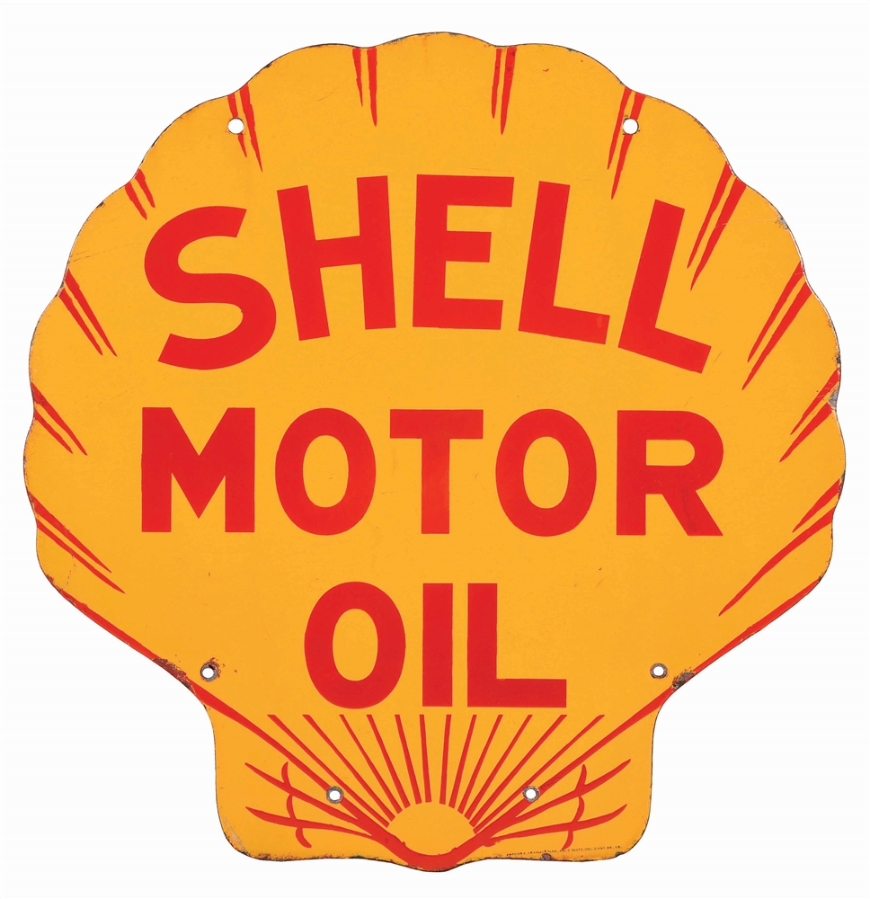 SHELL MOTOR OIL DIE CUT PORCELAIN SERVICE STATION SIGN.