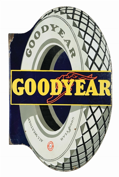 GOODYEAR TIRES PORCELAIN SERVICE STATION FLANGE SIGN W/ TIRE GRAPHIC. 