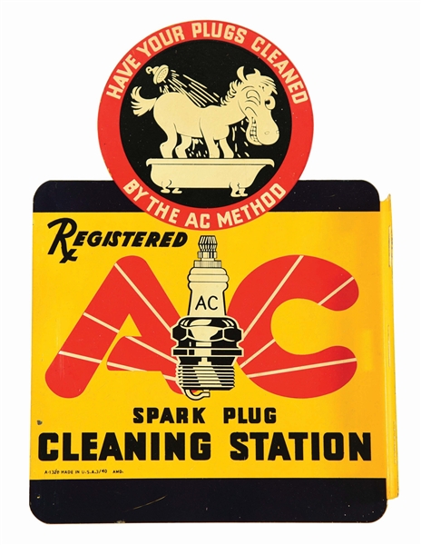 AC SPARK PLUG CLEANING STATION TIN SERVICE STATION FLANGE SIGN. 
