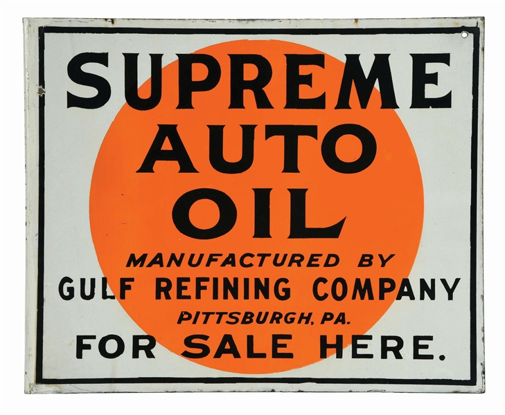 GULF SUPREME AUTO OIL FOR SALE HERE PORCELAIN SERVICE STATION FLANGE SIGN. 
