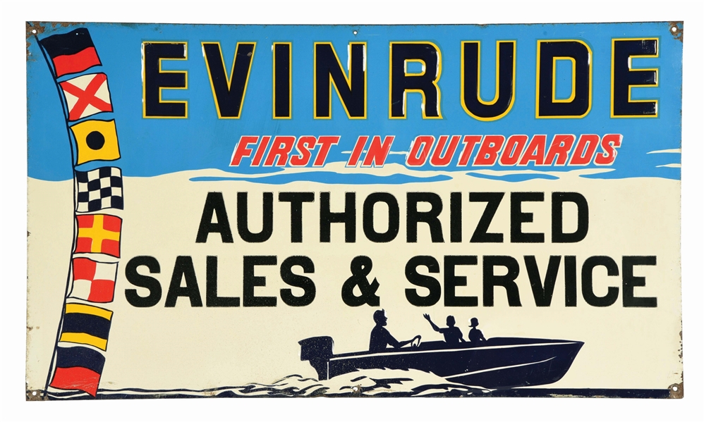 EVINRUDE OUTBOARD MOTORS AUTHORIZED SALES & SERVICE EMBOSSED TIN SIGN W/ BOAT GRAPHIC. 