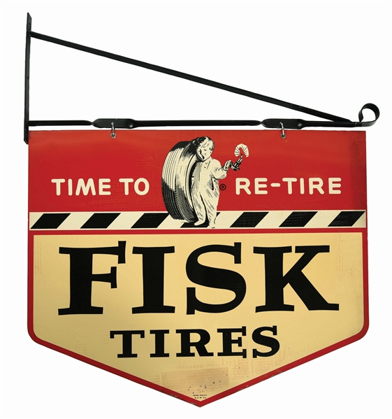 FISK TIRES "TIME TO RETIRE" TIN SERVICE STATION SIGN W/ IRON BRACKET.