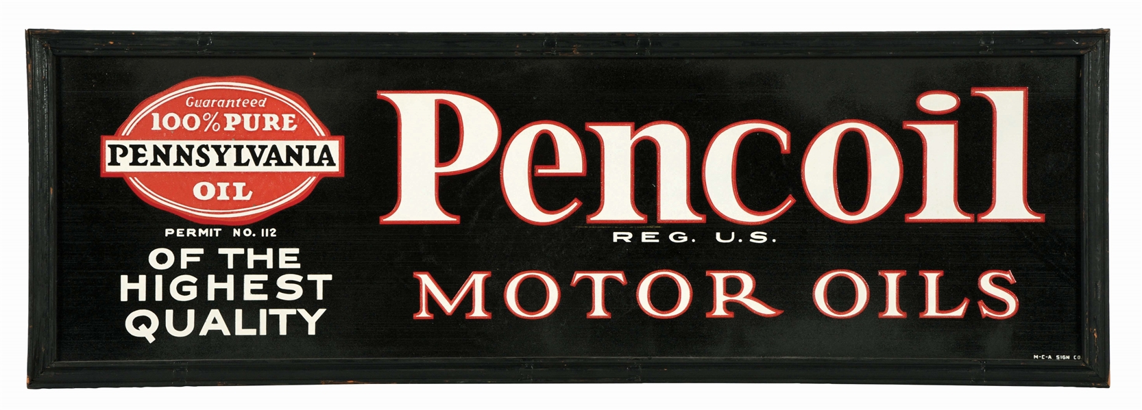 PENCOIL MOTOR OILS TIN SERVICE STATION SIGN W/ ORIGINAL WOOD FRAME. 