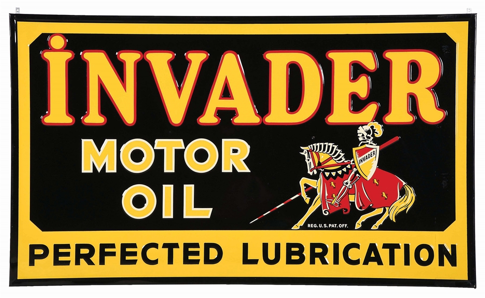 RARE & OUTSTANDING NEW OLD STOCK INVADER MOTOR OIL EMBOSSED TIN SIGN W/ ORIGINAL WOOD BACKING. 