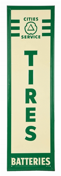 CITIES SERVICE TIRES & BATTERIES EMBOSSED TIN SERVICE STATION SIGN W/ SELF FRAMED EDGE.