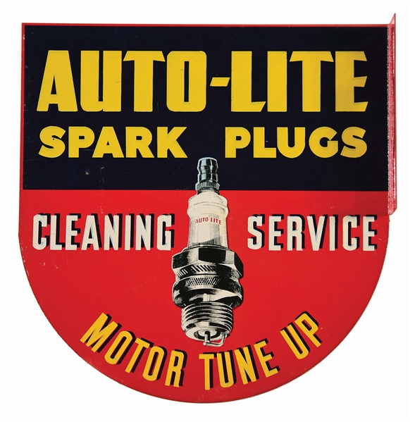 AUTO-LITE SPARK PLUGS CLEANING SERVICE TIN FLANGE SIGN W/ SPARK PLUG GRAPHIC.