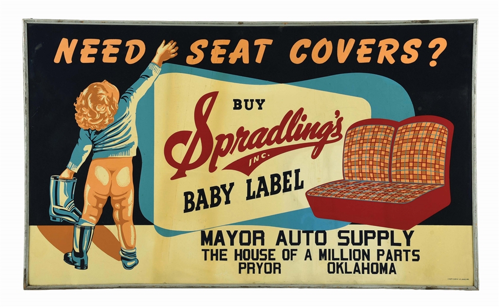 SPRADLINGS BABY LABEL SEAT COVERS TIN SIGN W/ ORIGINAL WOOD FRAME. 