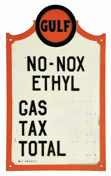 GULF NO-NOX ETHYL GASOLINE CAST IRON SERVICE STATION PRICER SIGN.