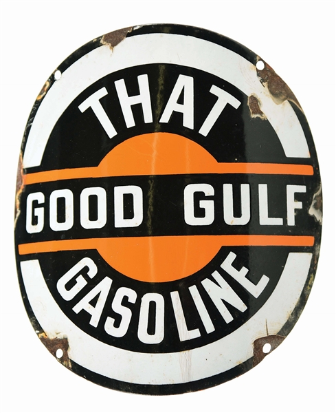 THAT GOOD GULF GASOLINE CURVED PORCELAIN PUMP SIGN.