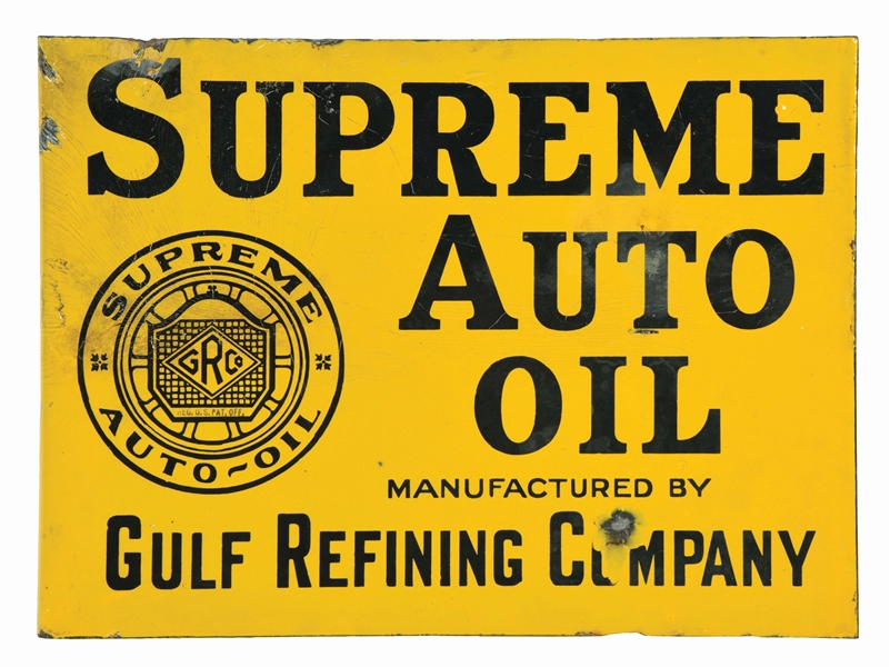 RARE GULF SUPREME AUTO OIL PORCELAIN FLANGE SIGN. 