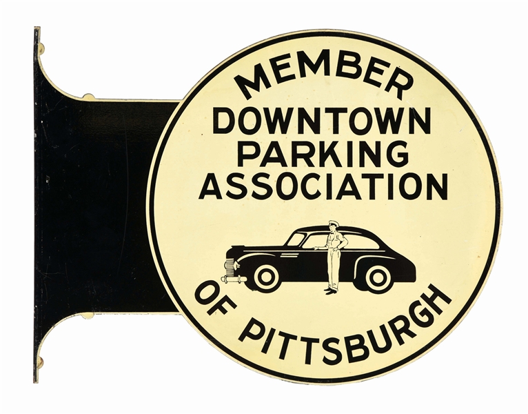 DOWNTOWN PARKING ASSOCIATION OF PITTSBURG TIN FLANGE SIGN W/ CAR GRAPHIC. 