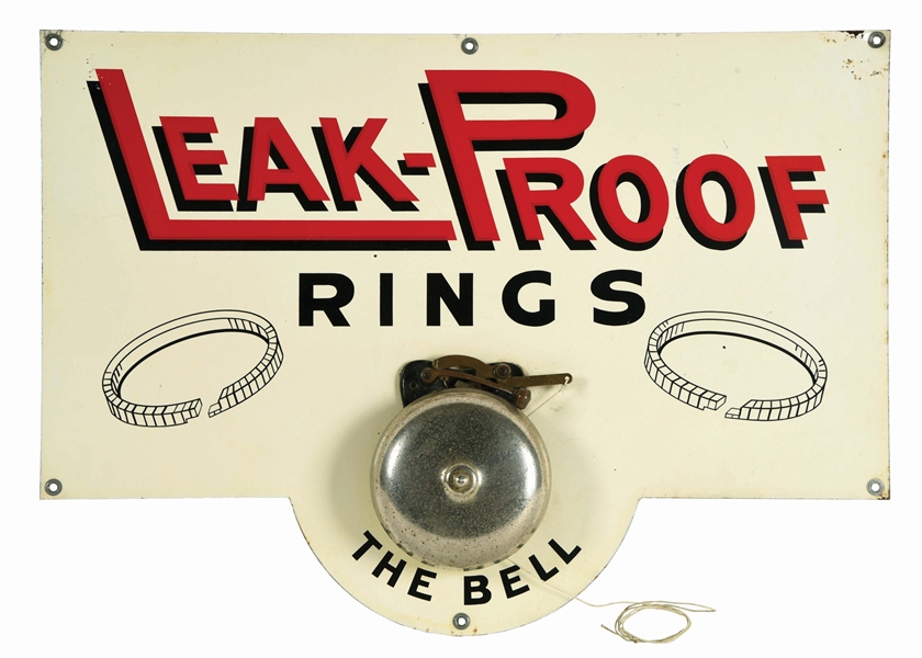 LEAK PROOF PISTON RINGS "RINGS THE BELL" TIN SERVICE STATION SIGN W/ BELL.