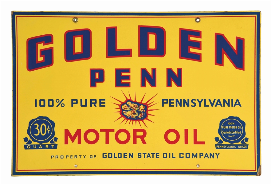 GOLDEN PENN MOTOR OIL MASONITE SERVICE STATION SIGN. 