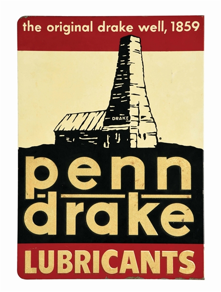 PENN DRAKE LUBRICANTS TIN SERVICE STATION FLANGE SIGN W/ REFLECTIVE PAINT LETTERING. 