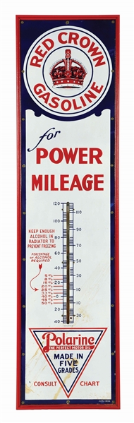 RED CROWN GASOLINE & POLARINE MOTOR OIL PORCELAIN SERVICE STATION THERMOMETER W/ WOOD FRAME. 