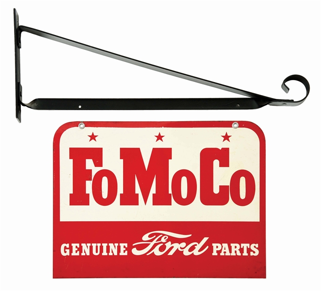FORD MOTOR COMPANY GENUINE FORD PARTS TIN DEALERSHIP SIGN W/ IRON HANGING BRACKET.
