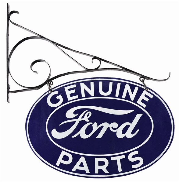 GENUINE FORD PARTS PORCELAIN SIGN W/ IRON MOUNTING BRACKET. 