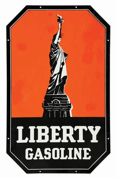 RARE LIBERTY GASOLINE PORCELAIN SERVICE STATION SIGN W/ STATUE OF LIBERTY GRAPHIC. 