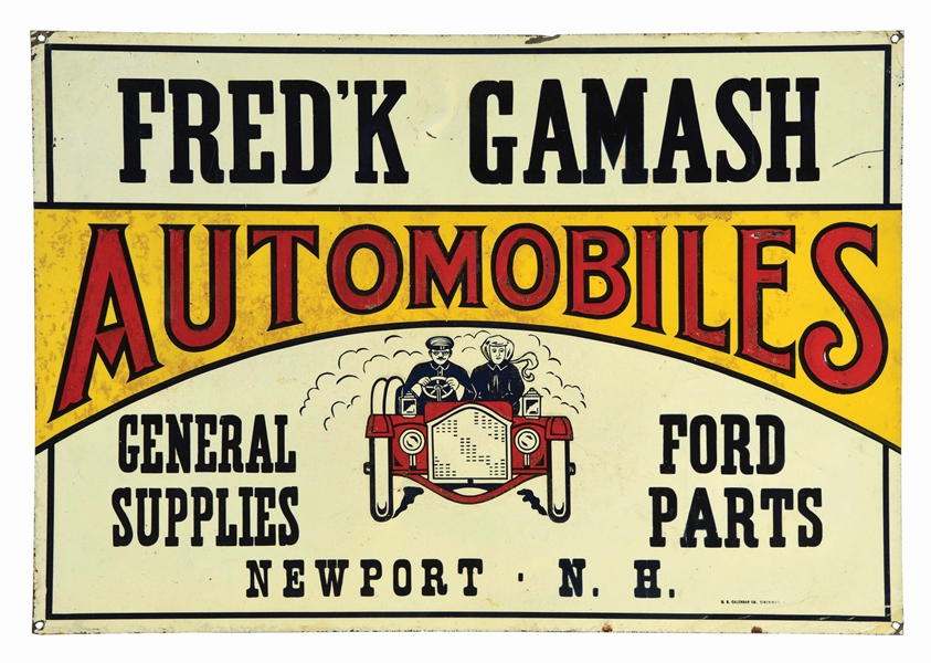FREDK GAMASH AUTOMOBILES, GENERAL SUPPLIES & FORD PARTS EMBOSSED TIN SIGN.
