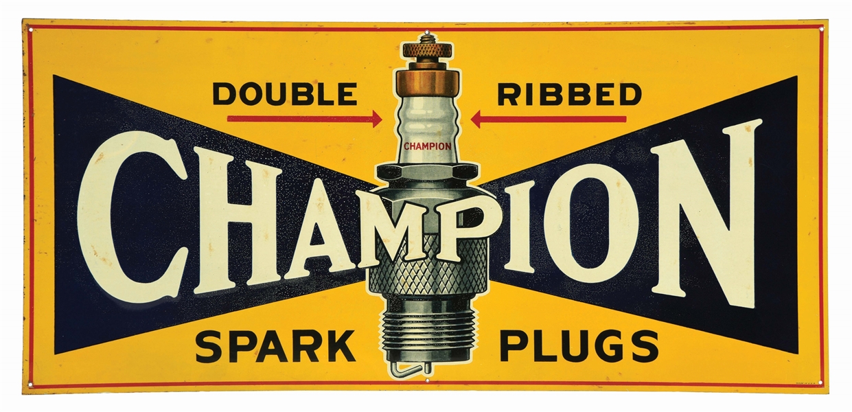 CHAMPION SPARK PLUGS EMBOSSED TIN SERVICE STATION SIGN W/ SPARK PLUG GRAPHIC.