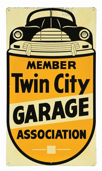 TWIN CITY GARAGE ASSOCIATION MEMBER TIN SIGN W/ CAR GRAPHIC. 