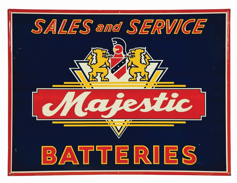 OUTSTANDING MAJESTIC BATTERIES SALES & SERVICE EMBOSSED TIN SIGN.