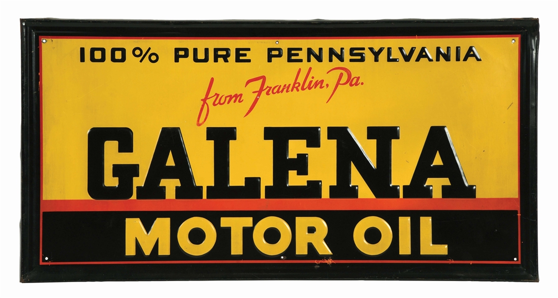 GALENA MOTOR OIL EMBOSSED TIN SIGN W/ SELF FRAMED OUTER EDGE. 