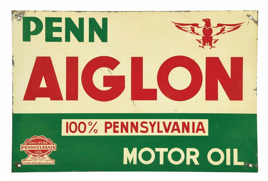PENN AIGLON PENNSYLVANIA MOTOR OIL SERVICE STATION SIGN.
