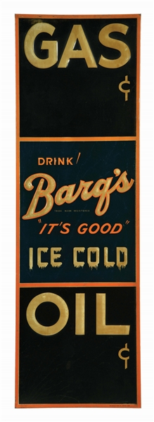 DRINK ICE COLD BARQS GAS & OIL EMBOSSED TIN CHALKBOARD SERVICE STATION GAS PRICER SIGN.