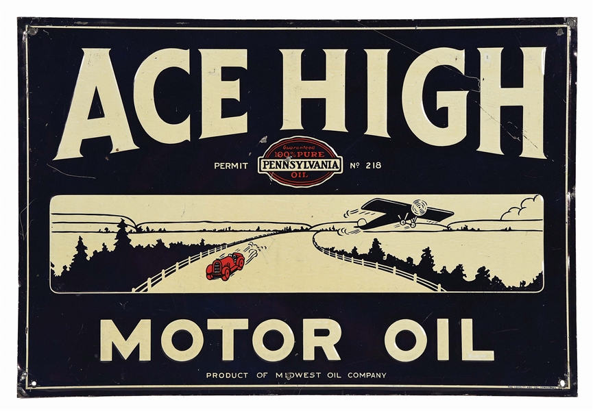 RARE ACE HIGH MOTOR OIL EMBOSSED TIN SERVICE STATION SIGN W/ CAR & AIRPLANE GRAPHIC. 