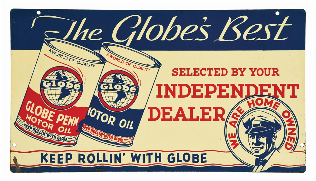GLOBE MOTOR OIL TIN OIL CAN RACK SIGN W/ QUART CAN GRAPHICS. 