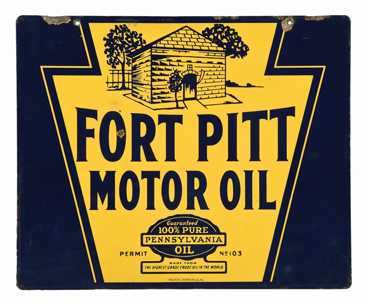 FORT PITT MOTOR OIL PORCELAIN SERVICE STATION SIGN. 