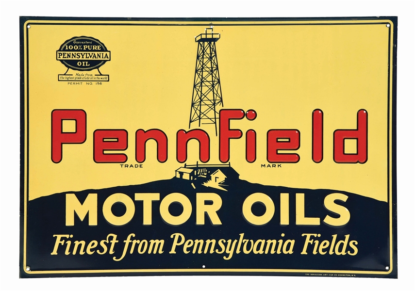 OUTSTANDING PENNFIELD MOTOR OILS EMBOSSED TIN SIGN W/ OIL DERRICK GRAPHIC. 