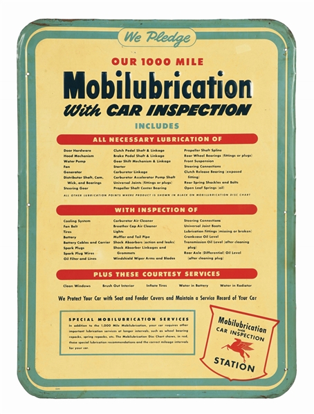 MOBIL MOBILUBRICATION WITH CAR INSPECTION EMBOSSED TIN SERVICE STATION SIGN.