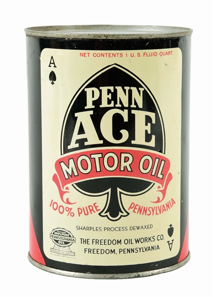 PENN ACE MOTOR OIL ONE QUART CAN W/ ACE OF SPADES GRAPHIC. 