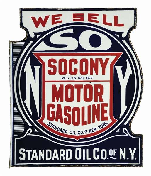 WE SELL SOCONY MOTOR GASOLINE PORCELAIN FLANGE SIGN. 