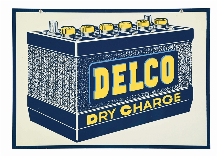 DELCO DRY CHARGE BATTERIES NEW OLD STOCK TIN SERVICE STATION SIGN. 