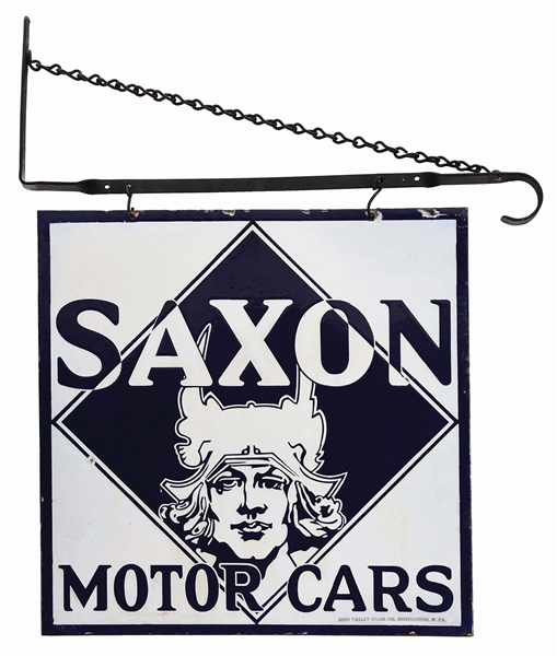 RARE SAXON MOTOR CARS PORCELAIN DEALERSHIP SIGN W/ METAL HANGING BRACKET. 
