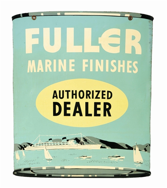 FULLER MARINE FINISHES AUTHORIZED DEALER TIN SIGN W/ SHIP & BOAT GRAPHICS. 