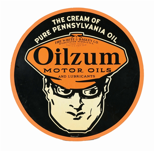 RARE OILZUM MOTOR OILS & LUBRICANTS TIN SERVICE STATION SIGN W/ OSWALD GRAPHIC. 