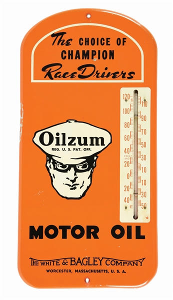 RARE OILZUM MOTOR OIL TIN SERVICE STATION THERMOMETER W/ OSWALD THE DRIVER GRAPHIC.