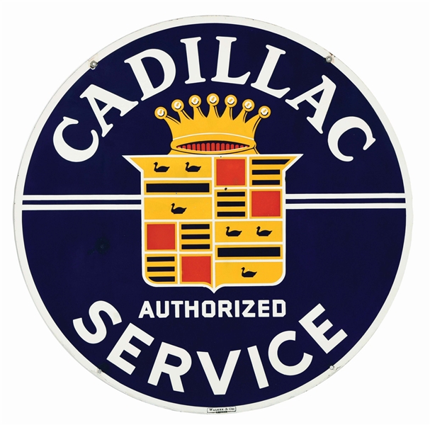 CADILLAC AUTHORIZED SERVICE PORCELAIN SIGN W/ CREST GRAPHIC. 