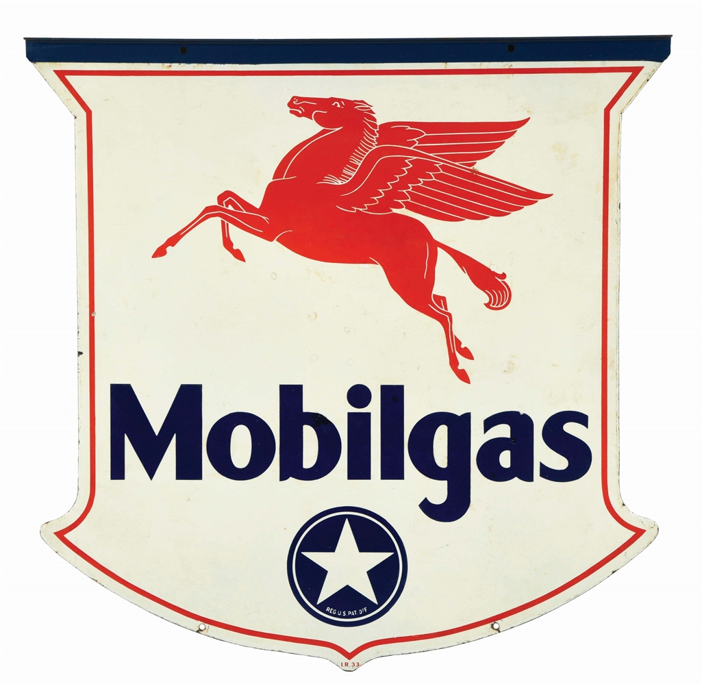 MOBILGAS PORCELAIN SHIELD SIGN WITH PEGASUS & WHITE STAR GRAPHIC. 