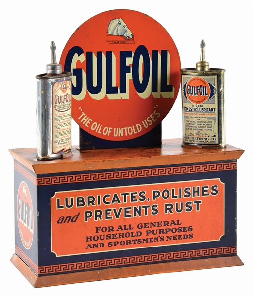 VERY RARE GULF GULFOIL HOUSEHOLD LUBRICANT STORE DISPLAY W/ ORIGINAL CANS & TOPPER. 
