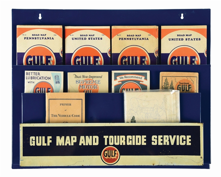 GULF GASOLINE MAP AND TOURGUIDE SERVICE TIN SERVICE STATION MAP DISPLAY.