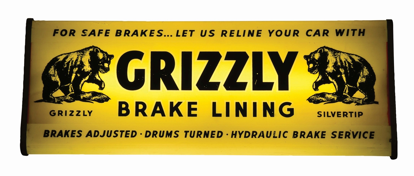 GRIZZLY BRAKE LINING SERVICE STATION LIGHT UP DISPLAY SIGN W/ BEAR GRAPHICS. 